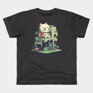 Small cute cat character sitting on a small building Kids T-Shirt